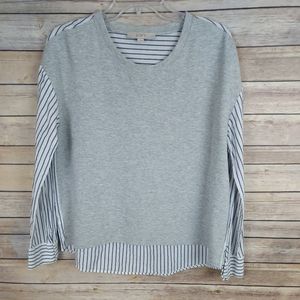 LOFT Women's Knit Top Medium Gray White Blue Striped Long Sleeve